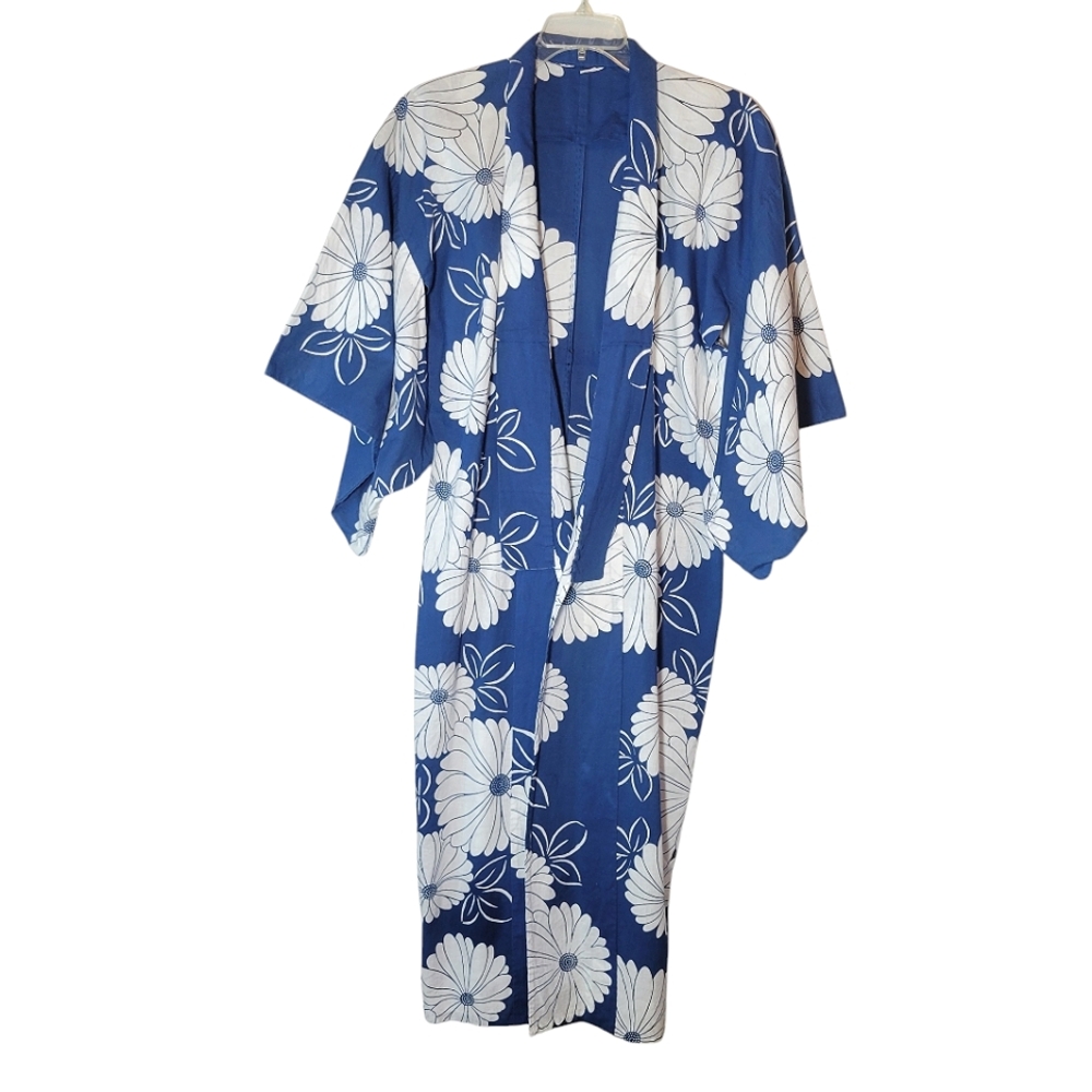 Kimono blue with white floral print OS cotton